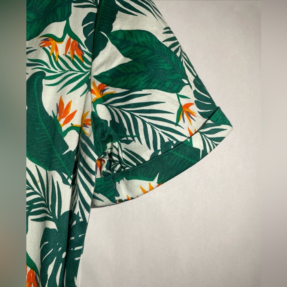 Collectif Swing Dress w/ Collar 1950s White w/ Green & Orange Leaf Pattern XS - Picture 6 of 14